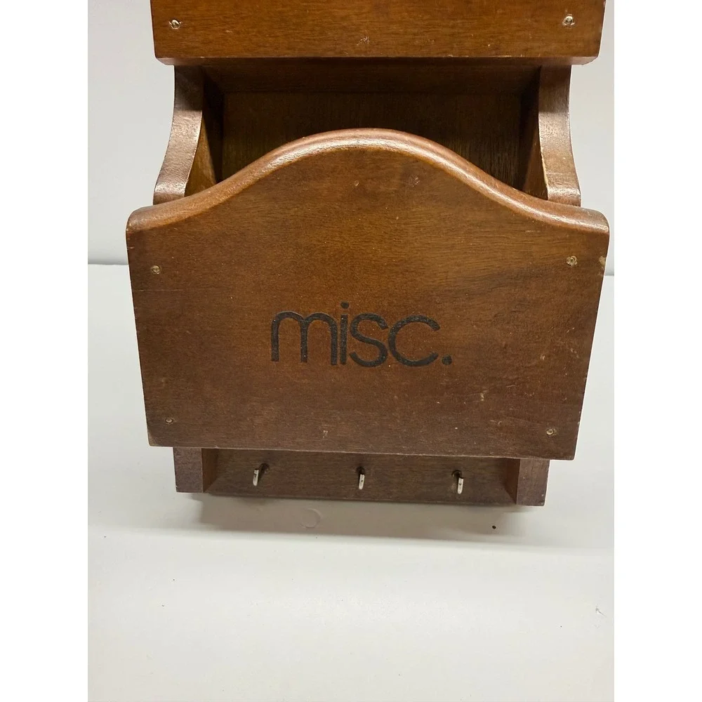 Vintage Wood Wall Mail Organizer 3 Tier Letter Bill Holder Key Hooks Brown